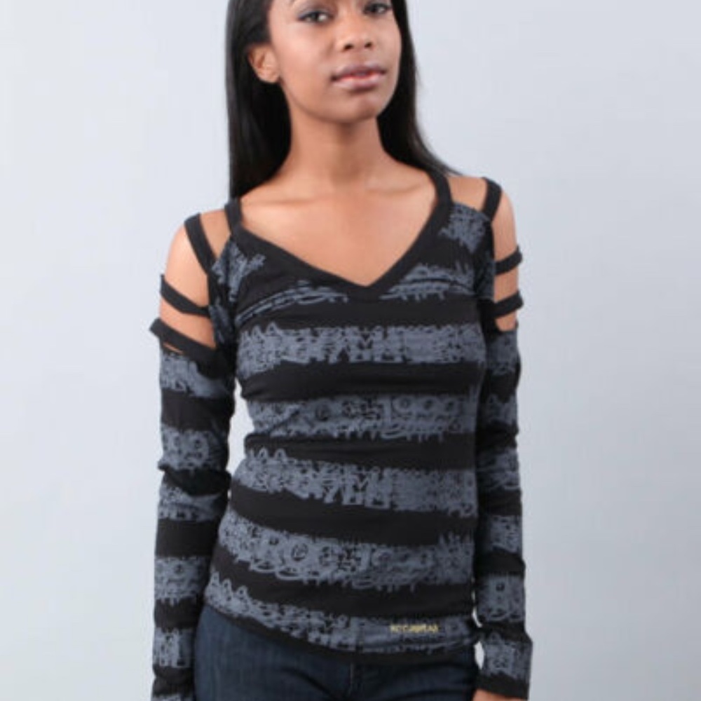 NWT ROCAWEAR Y2K logo 00's CUT OUT LONG SLEEVE SHIRT PLAY HARD TOP Large L
